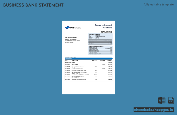 Paritet Bank Firmenkontoauszug im Word- und PDF-Format – Beispielvorschau